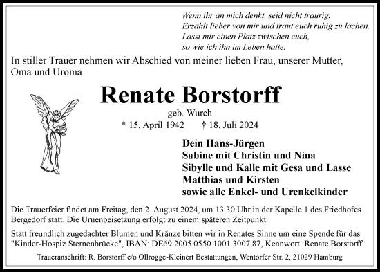 Traueranzeige von Renate Borstorff von Bergedorfer Zeitung