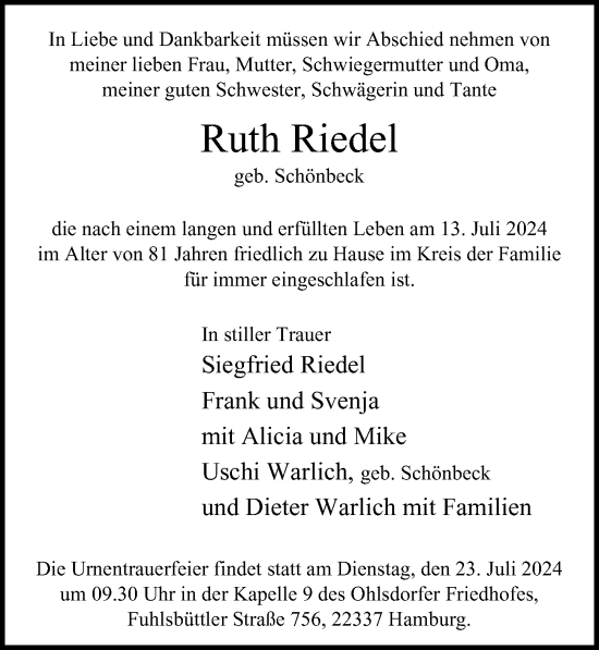 Traueranzeige von Ruth Riedel 
