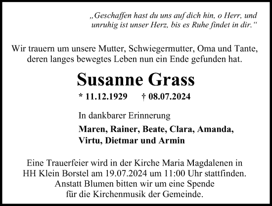 Traueranzeige von Susanne Grass von Hamburger Abendblatt