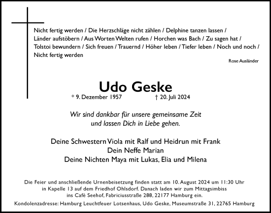 Traueranzeige von Udo Geske von Hamburger Abendblatt