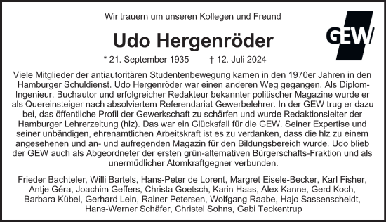 Traueranzeige von Udo Hergenröder von Hamburger Abendblatt
