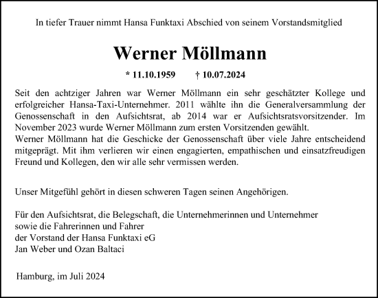 Traueranzeige von Werner Möllmann von Hamburger Abendblatt
