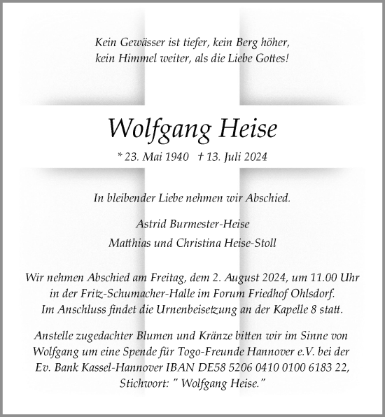 Traueranzeige von Wolfgang Heise von Hamburger Abendblatt