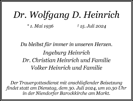 Traueranzeige von Wolfgang D. Heinrich 