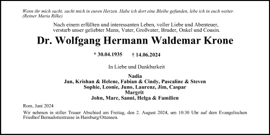 Traueranzeige von Wolfgang Hermann Waldemar Krone von Hamburger Abendblatt