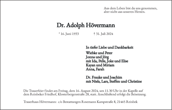 Traueranzeige von Adolph Hövermann von Bergedorfer Zeitung