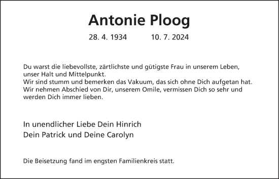 Traueranzeige von Antonie Ploog von HA Regio Norderstedt