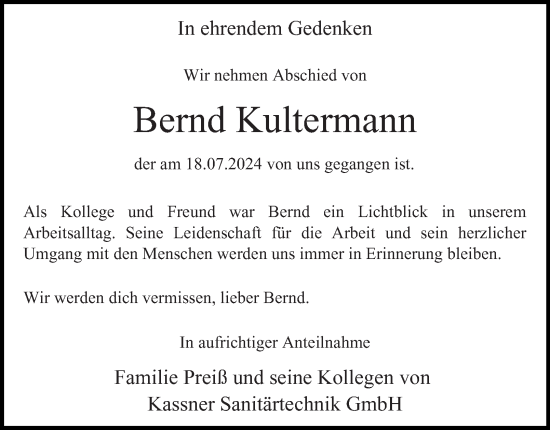 Traueranzeige von Bernd Kultermann von Bergedorfer Zeitung