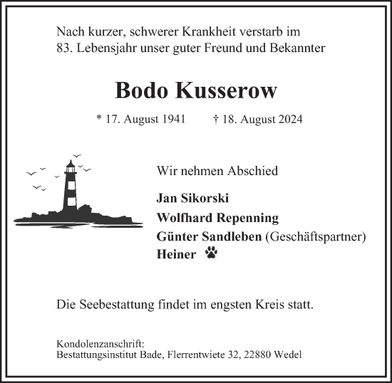 Traueranzeige von Bodo Kusserow von Hamburger Abendblatt