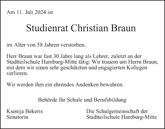 Traueranzeige von Christian Braun von Hamburger Abendblatt