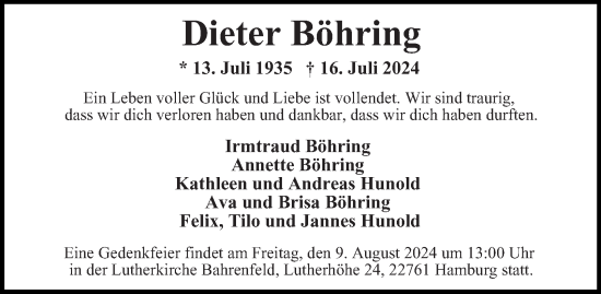 Traueranzeige von Dieter Böhring von Hamburger Abendblatt