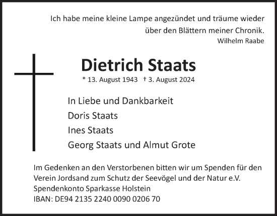 Traueranzeige von Dietrich Staats von Hamburger Abendblatt