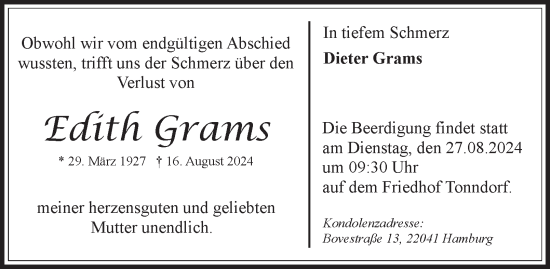 Traueranzeige von Edith Grams von Hamburger Abendblatt