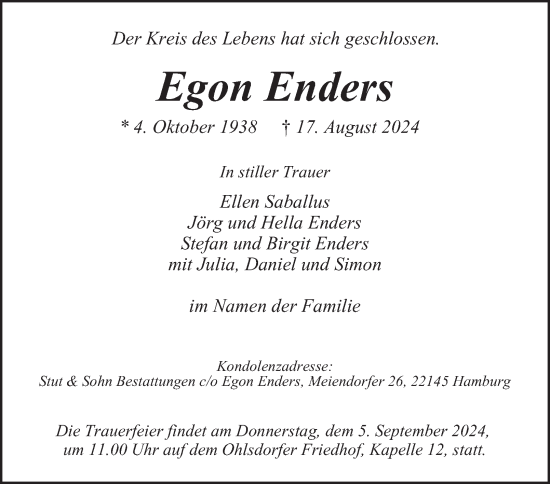 Traueranzeige von Egon Enders von Hamburger Abendblatt