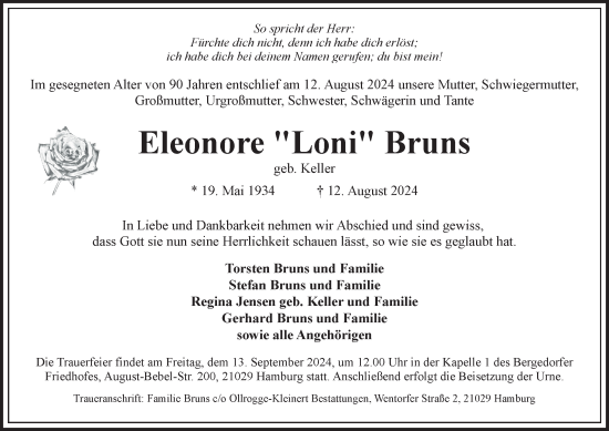 Traueranzeige von Eleonore Bruns von Bergedorfer Zeitung
