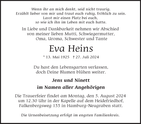 Traueranzeige von Eva Heins 