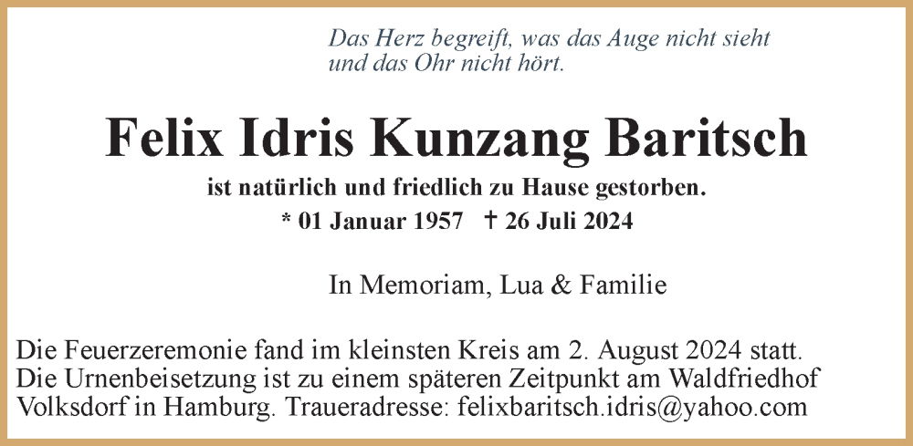  Traueranzeige für Felix Idris Kunzang Baritsch vom 06.08.2024 aus Hamburger Abendblatt