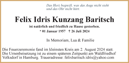 Traueranzeige von Felix Idris Kunzang Baritsch von Hamburger Abendblatt