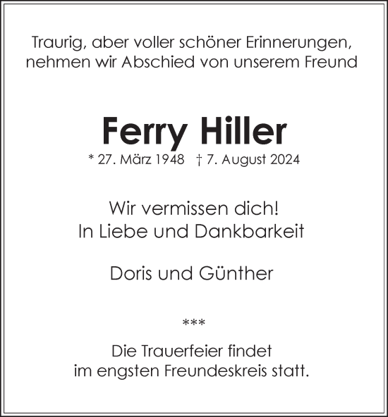 Traueranzeige von Ferry Hiller von Hamburger Abendblatt