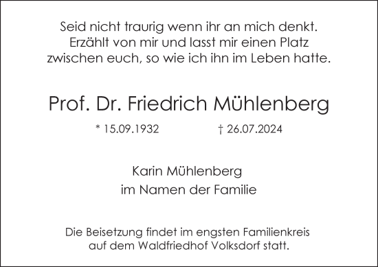 Traueranzeige von Friedrich Mühlenberg von Hamburger Abendblatt