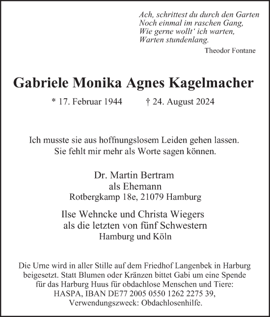 Traueranzeige von Gabriele Monika Agnes Kagelmacher von Hamburger Abendblatt