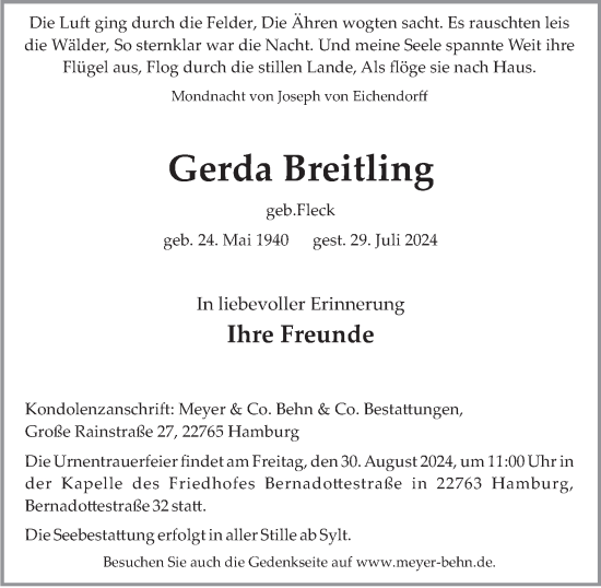 Traueranzeige von Gerda Breitling von Hamburger Abendblatt