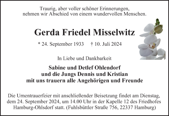 Traueranzeige von Gerda Friedel Misselwitz von Hamburger Abendblatt