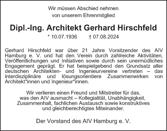 Traueranzeige von Gerhard Hirschfeld von Hamburger Abendblatt