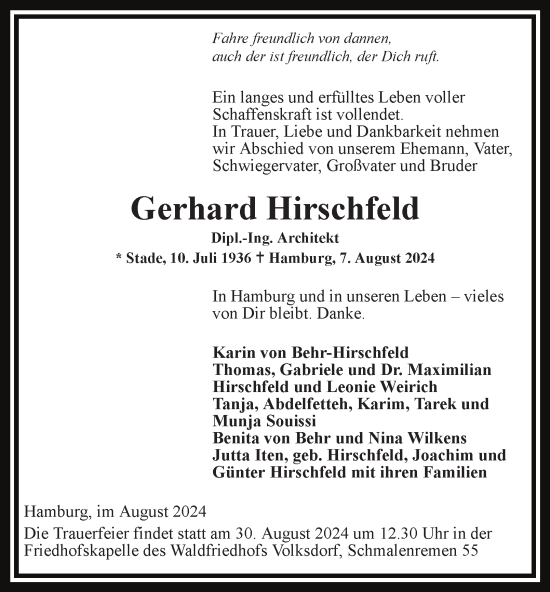 Traueranzeige von Gerhard Hirschfeld von Hamburger Abendblatt