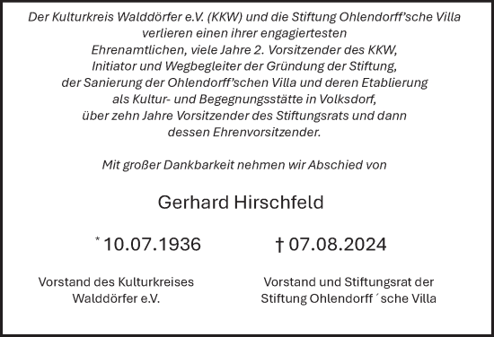 Traueranzeige von Gerhard Hirschfeld von Hamburger Abendblatt