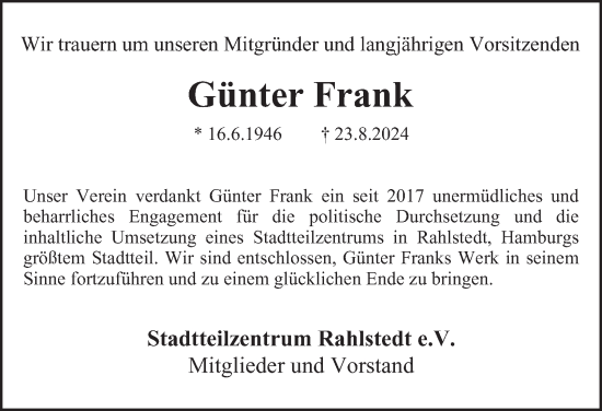 Traueranzeige von Günter Frank von Hamburger Abendblatt