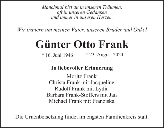 Traueranzeige von Günter Otto Frank von Hamburger Abendblatt