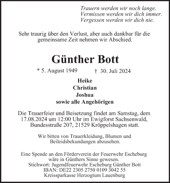 Traueranzeige von Günther Bott von Bergedorfer Zeitung