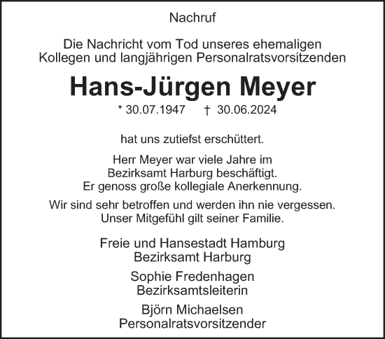 Traueranzeige von Hans-Jürgen Meyer von HA Regio Harburg