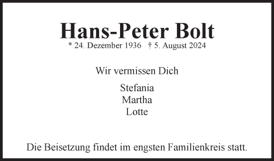 Traueranzeige von Hans-Peter Bolt von Hamburger Abendblatt