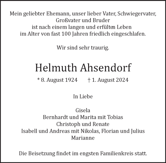 Traueranzeige von Helmuth Ahsendorf von Hamburger Abendblatt