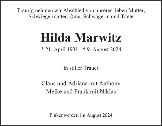 Traueranzeige von Hilda Marwitz 