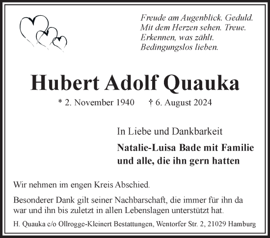 Traueranzeige von Hubert Adolf Quauka von Bergedorfer Zeitung