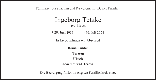 Traueranzeige von Ingeborg Tetzke von Bergedorfer Zeitung