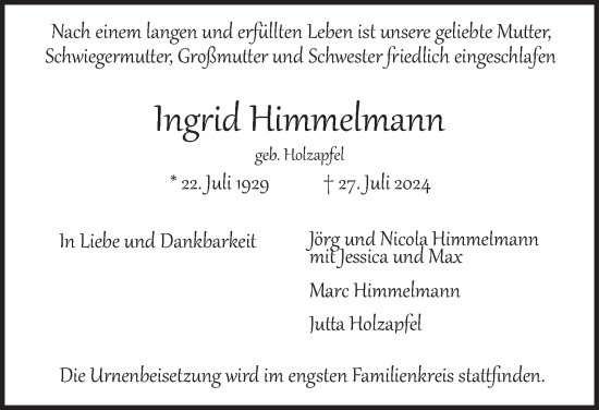 Traueranzeige von Ingrid Himmelmann von Hamburger Abendblatt