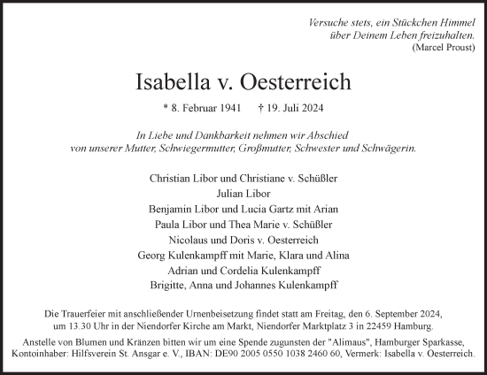 Traueranzeige von Isabella v. Oesterreich von Hamburger Abendblatt