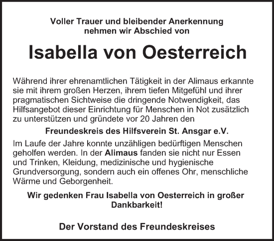 Traueranzeige von Isabella von Oesterreich von Hamburger Abendblatt