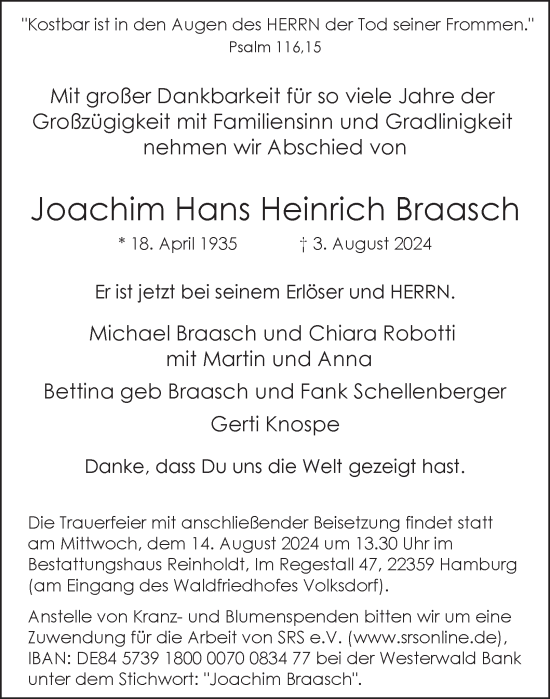 Traueranzeige von Joachim Hans Heinrich Braasch von Hamburger Abendblatt