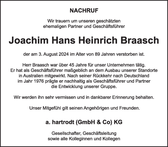 Traueranzeige von Joachim Hans Heinrich Braasch von Hamburger Abendblatt