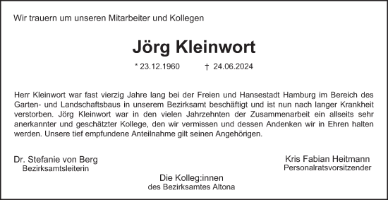 Traueranzeige von Jörg Kleinwort von Hamburger Abendblatt