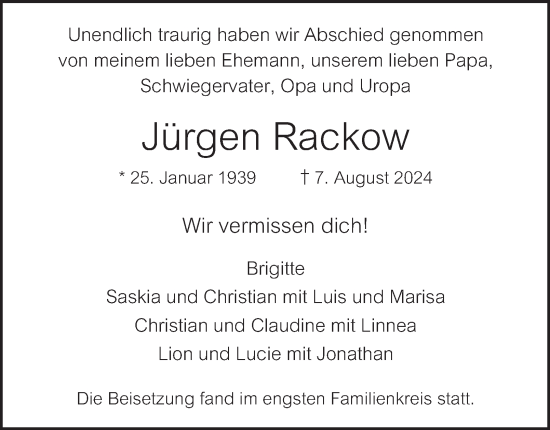 Traueranzeige von Jürgen Rackow von Hamburger Abendblatt