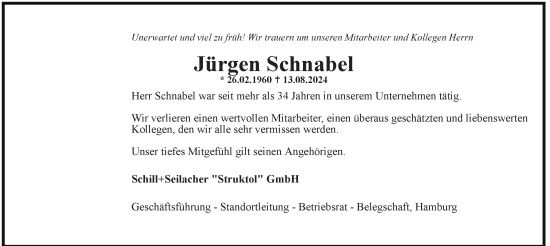 Traueranzeige von Jürgen Schnabel von Hamburger Abendblatt