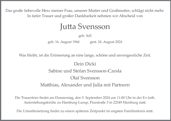 Traueranzeige von Jutta Svensson 