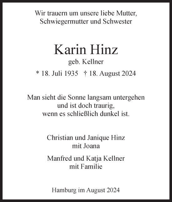 Traueranzeige von Karin Hinz von Hamburger Abendblatt