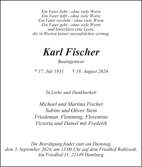 Traueranzeige von Karl Fischer von Hamburger Abendblatt